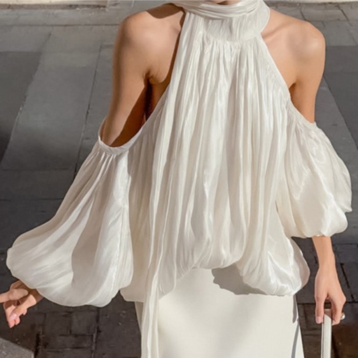 ✨ Halter Neck Off-Shoulder Puff Sleeve Filigree Shirt ✨