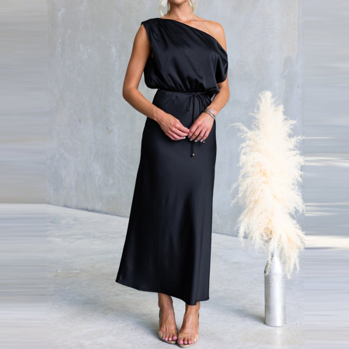 ✨Off-Shoulder Diagonal Collar Lace-Up A-Line Long Dress✨