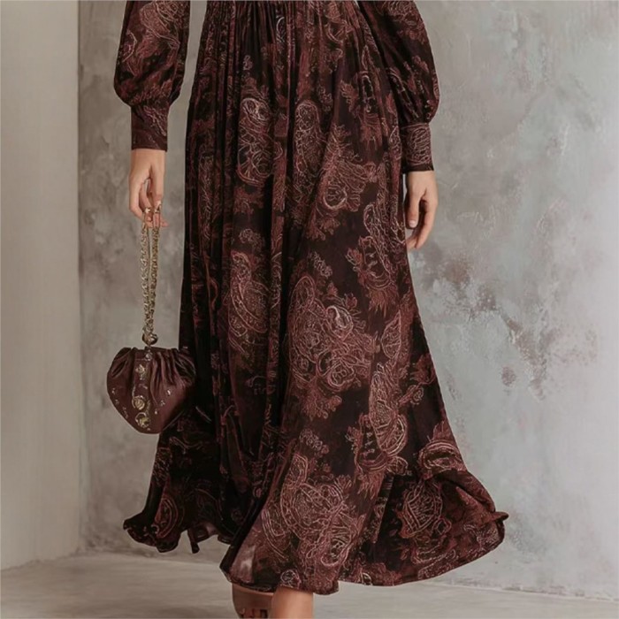 ✨ Retro Print Puff Sleeve Long Dress ✨