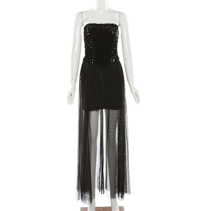 ✨ Sequin Mesh Stitching Tube Top Long Dress ✨