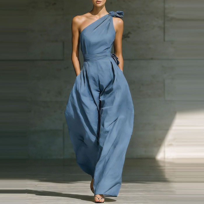 ✨Slant Collar Asymmetric Pocket Jumpsuit✨