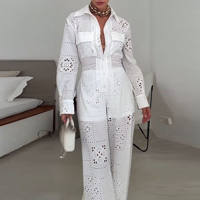 ✨Solid Lapel Long Sleeve Beach Jumpsuit Romper✨