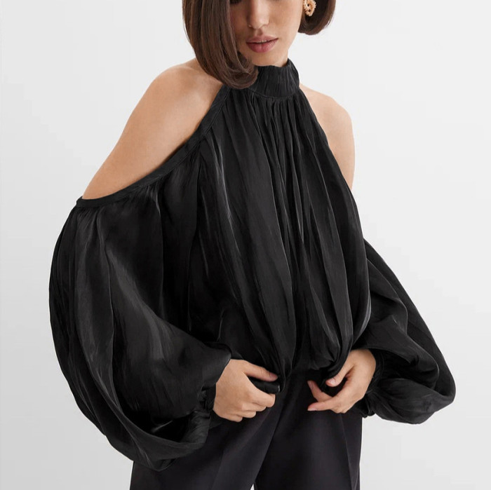 ✨ Halter Neck Off-Shoulder Puff Sleeve Filigree Shirt ✨