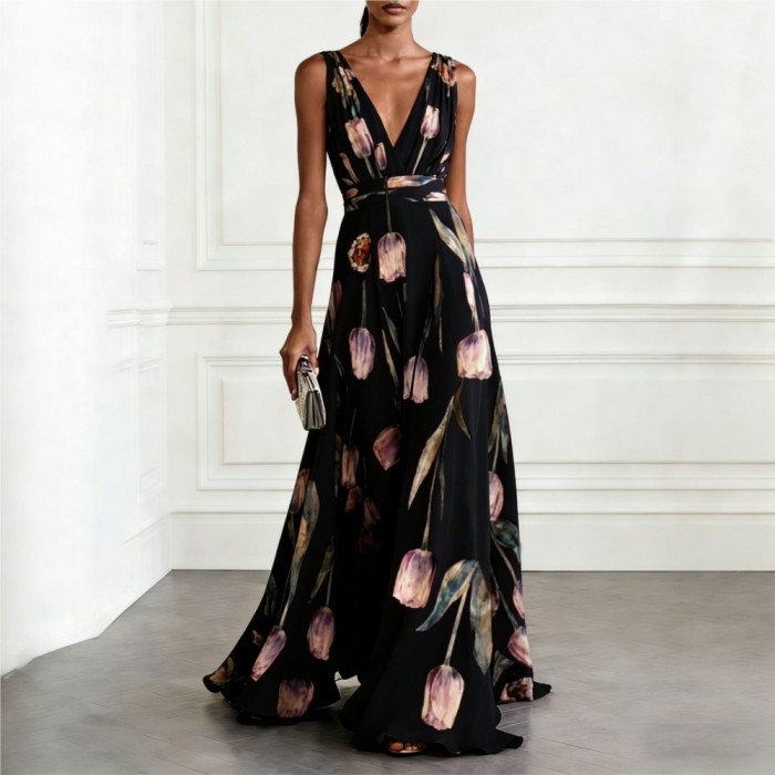 ✨ Tulip Print Sleeveless V-Neck Long Dress ✨