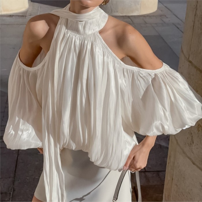 ✨ Halter Neck Off-Shoulder Puff Sleeve Filigree Shirt ✨