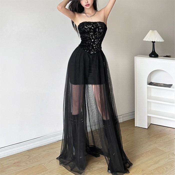 ✨ Sequin Mesh Stitching Tube Top Long Dress ✨