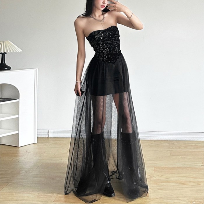 ✨ Sequin Mesh Stitching Tube Top Long Dress ✨