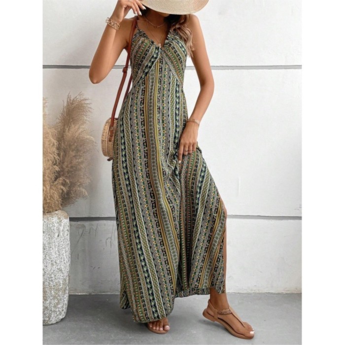 ✨ Printed High Waist Backless Suspender Dress ✨