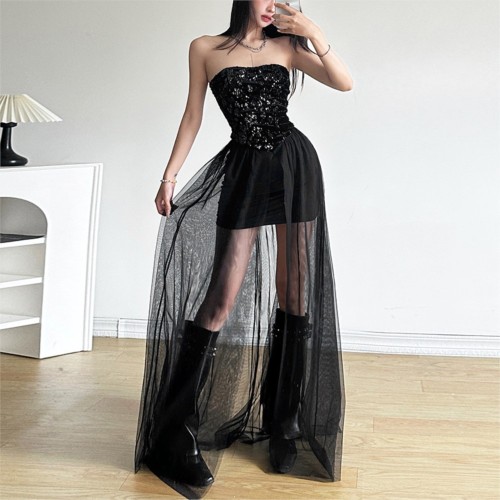 ✨ Sequin Mesh Stitching Tube Top Long Dress ✨