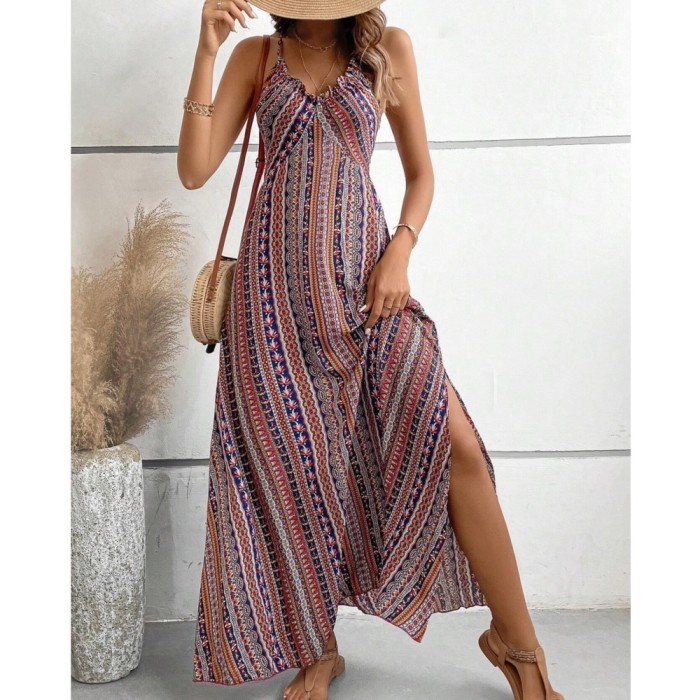✨ Printed High Waist Backless Suspender Dress ✨