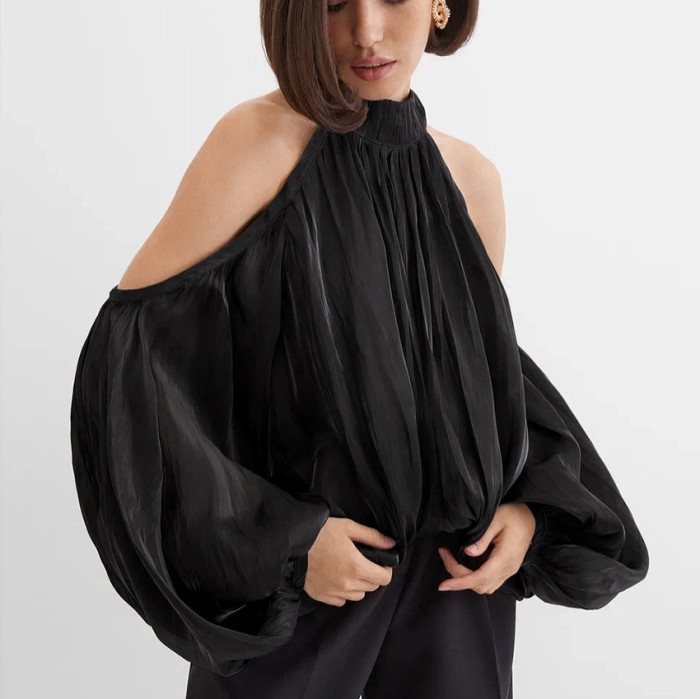 ✨ Halter Neck Off-Shoulder Puff Sleeve Filigree Shirt ✨