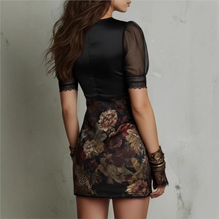 ✨Lace Patchwork Deep V Neck Floral Bodycon Mini Dress✨