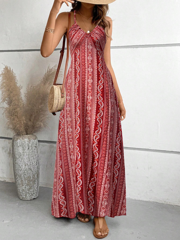 ✨ Printed High Waist Backless Suspender Dress ✨