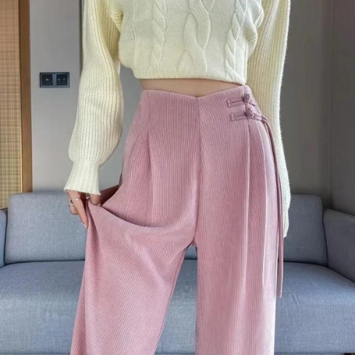 ✨Daily Casual Travel Buckle High Waist Draped Straight Wide Leg Pants🍃