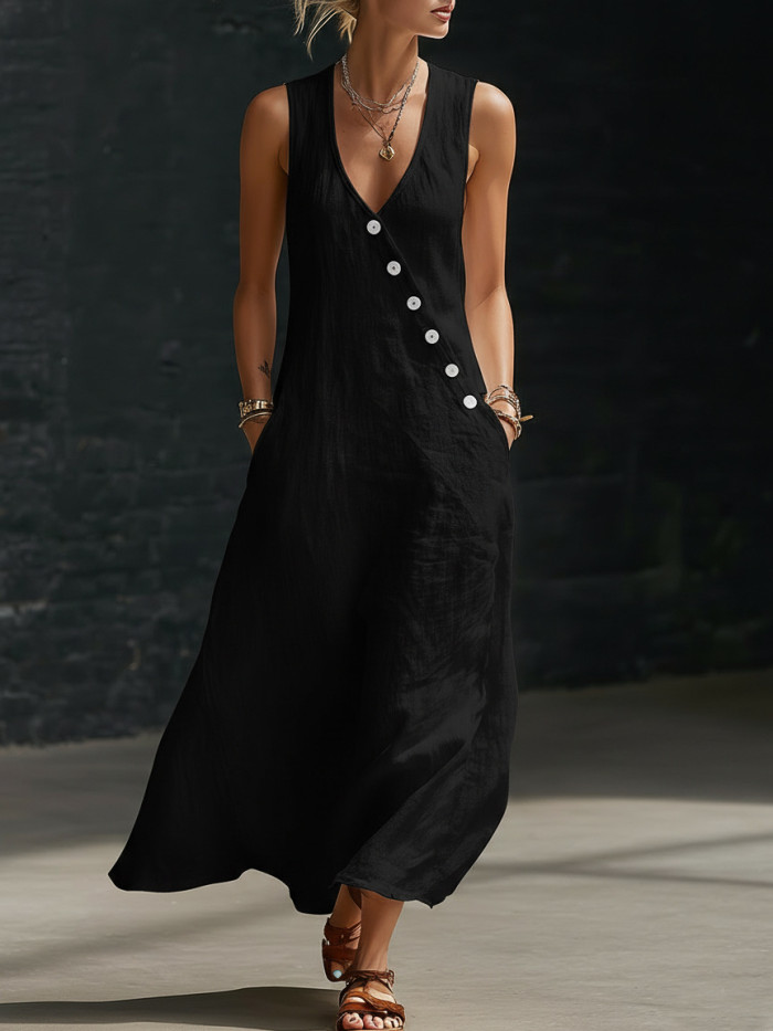 ✨Sleeveless V-Neck Button Patchwork Solid Maxi Dress🤍