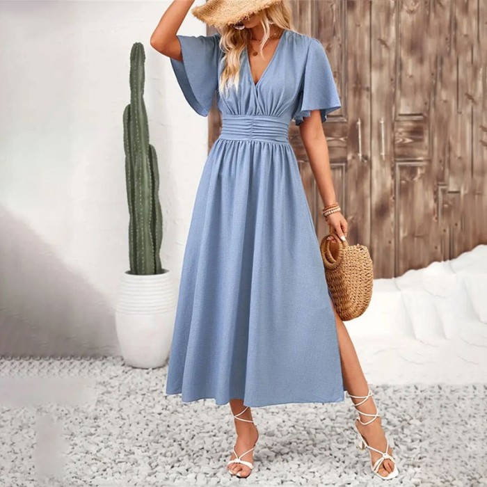 ✨Daily Dating High Street V-Neck Pleated Solid Ruffle Midi Dress🌿