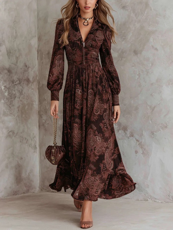 ✨ Retro Print Puff Sleeve Long Dress ✨