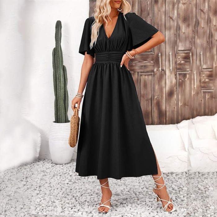 ✨Daily Dating High Street V-Neck Pleated Solid Ruffle Midi Dress🌿