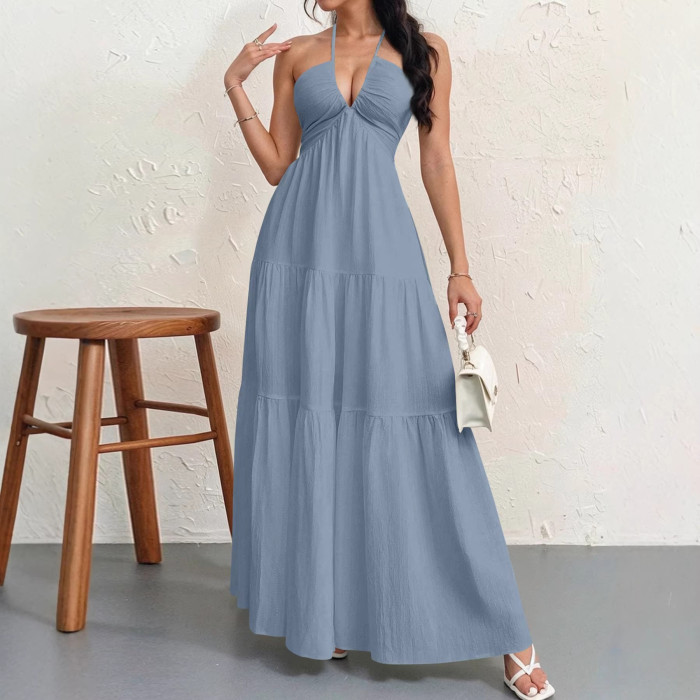 ✨Beach Vacation Bohemian Solid Halter Neck Suspender Maxi Dress🌴
