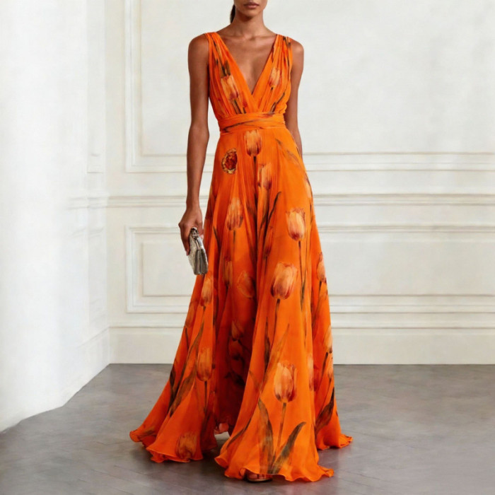 ✨ Tulip Print Sleeveless V-Neck Long Dress ✨