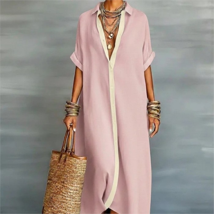 ✨Turn-Down Collar Button Patchwork Solid Shirt Maxi Dress🤍