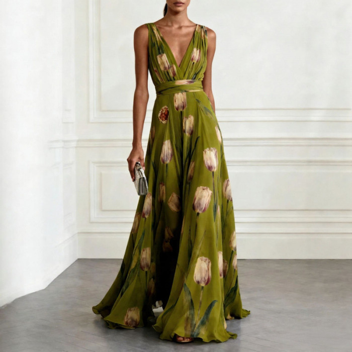 ✨ Tulip Print Sleeveless V-Neck Long Dress ✨