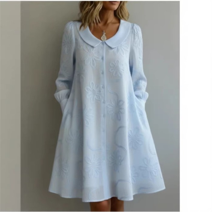 ✨Solid Shirt Collar Long Sleeve Button Midi Dress🤍