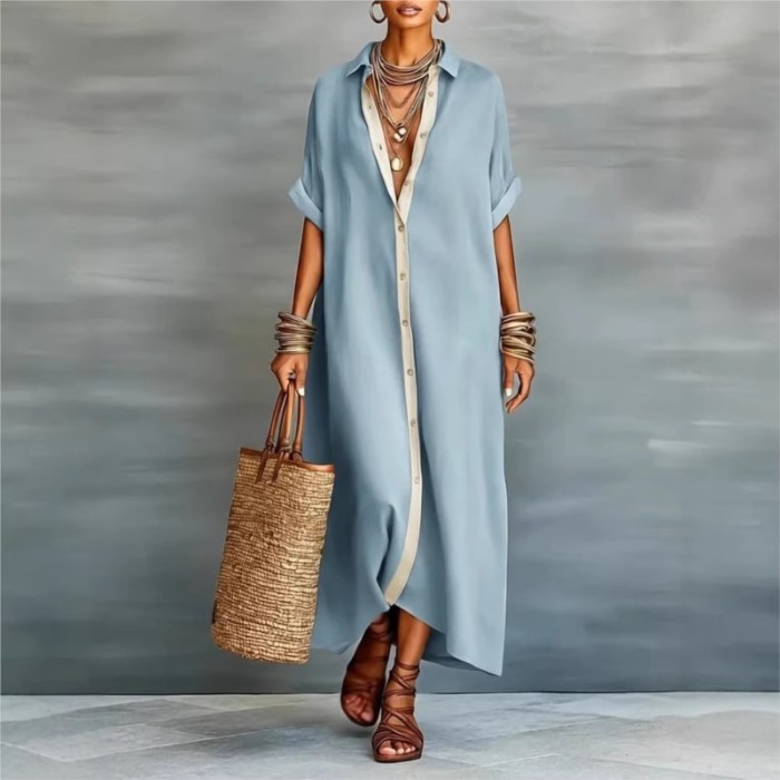 ✨Turn-Down Collar Button Patchwork Solid Shirt Maxi Dress🤍