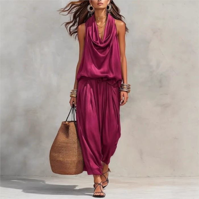 ✨ Ruffled Backless Sleeveless Vest & High Waist Solid Pants 2 Piece Set ✨