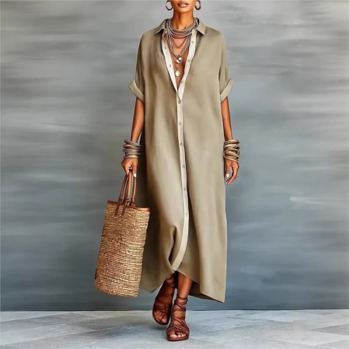 ✨Turn-Down Collar Button Patchwork Solid Shirt Maxi Dress🤍