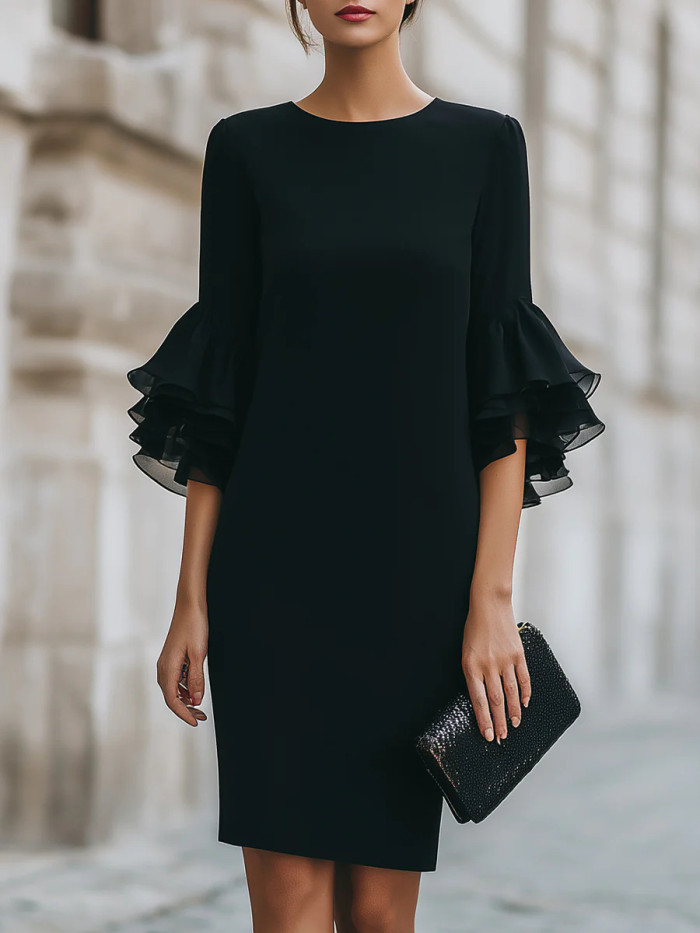 ✨Formal Party Round Neck Chiffon Patchwork Flared Sleeve Mini Dress🌸