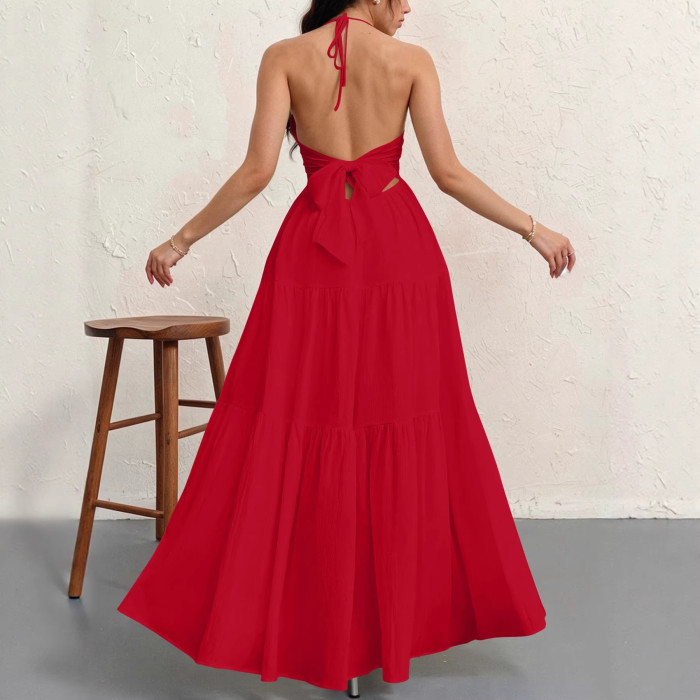 ✨Beach Vacation Bohemian Solid Halter Neck Suspender Maxi Dress🌴