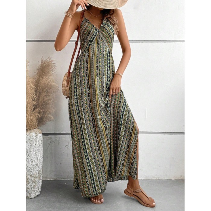 ✨ Printed High Waist Backless Suspender Dress ✨