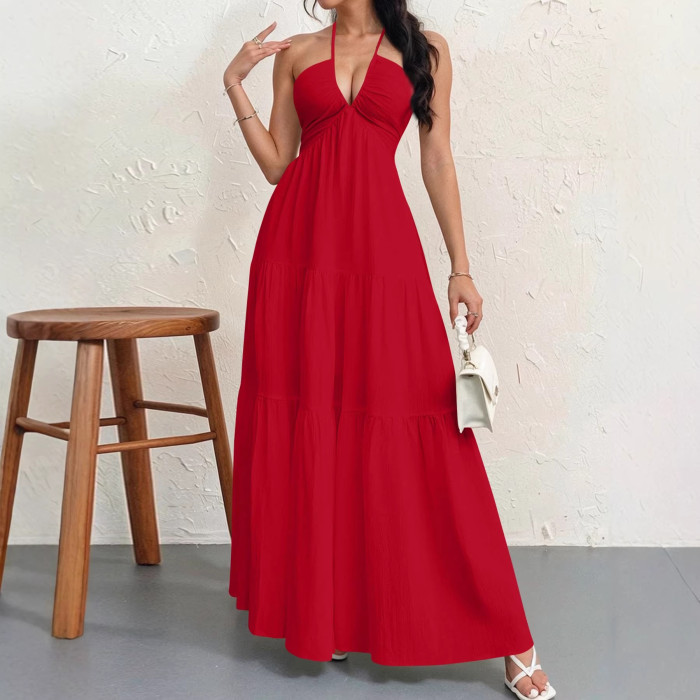 ✨Beach Vacation Bohemian Solid Halter Neck Suspender Maxi Dress🌴
