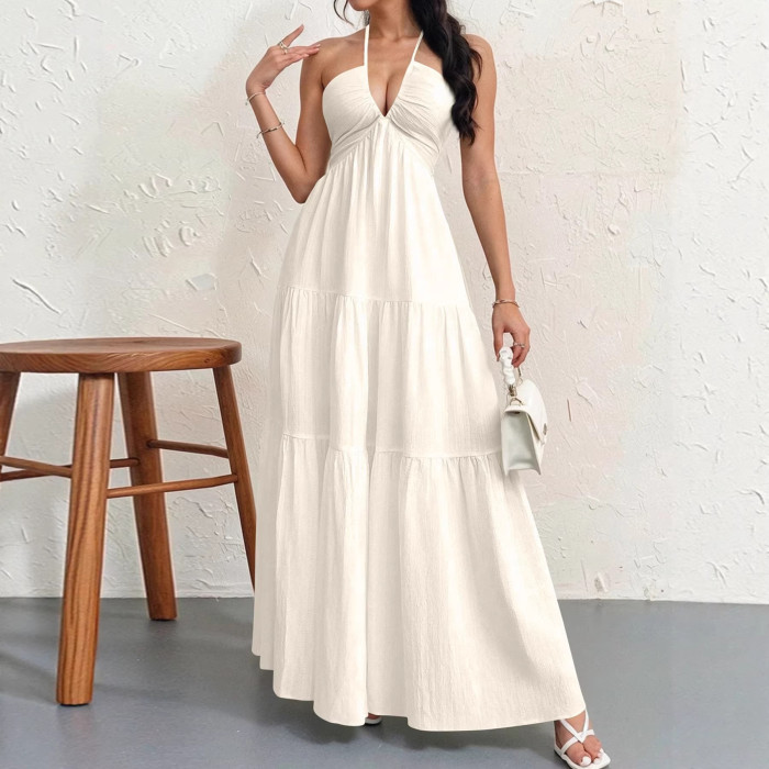 ✨Beach Vacation Bohemian Solid Halter Neck Suspender Maxi Dress🌴