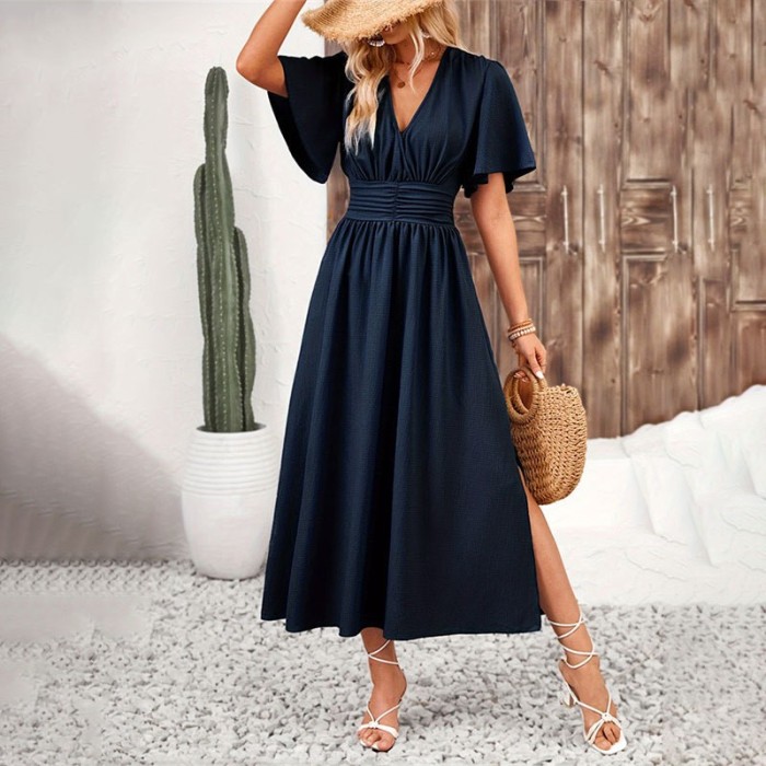 ✨Daily Dating High Street V-Neck Pleated Solid Ruffle Midi Dress🌿