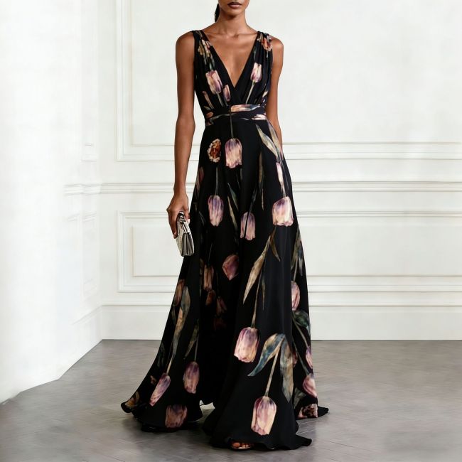 ✨ Tulip Print Sleeveless V-Neck Long Dress ✨