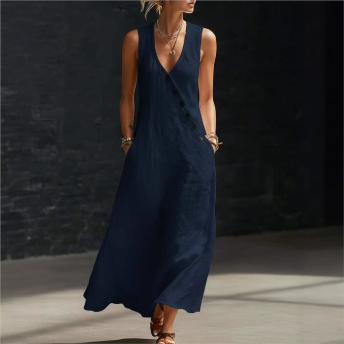 ✨Sleeveless V-Neck Button Patchwork Solid Maxi Dress🤍