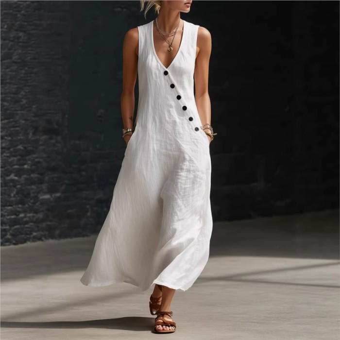 ✨Sleeveless V-Neck Button Patchwork Solid Maxi Dress🤍