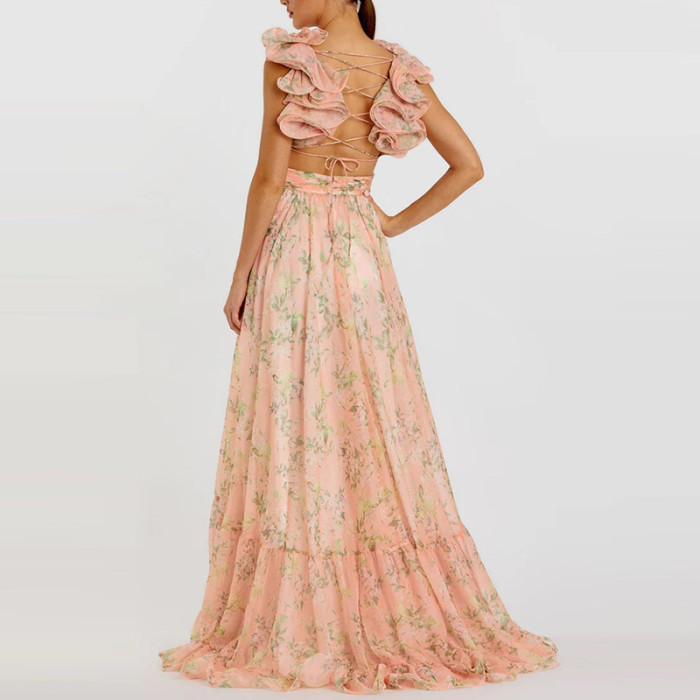 ✨ French Style Backless Floral Chiffon Dress ✨