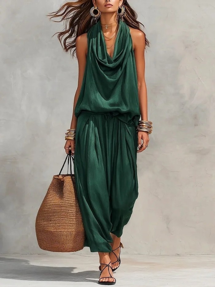 ✨ Ruffled Backless Sleeveless Vest & High Waist Solid Pants 2 Piece Set ✨