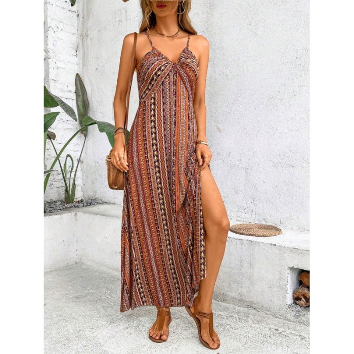 ✨ Printed High Waist Backless Suspender Dress ✨