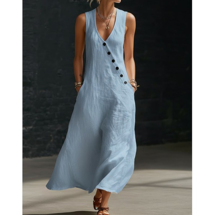 ✨Sleeveless V-Neck Button Patchwork Solid Maxi Dress🤍