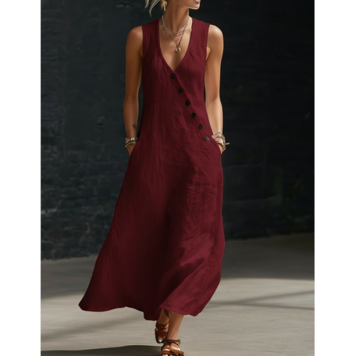 ✨Sleeveless V-Neck Button Patchwork Solid Maxi Dress🤍