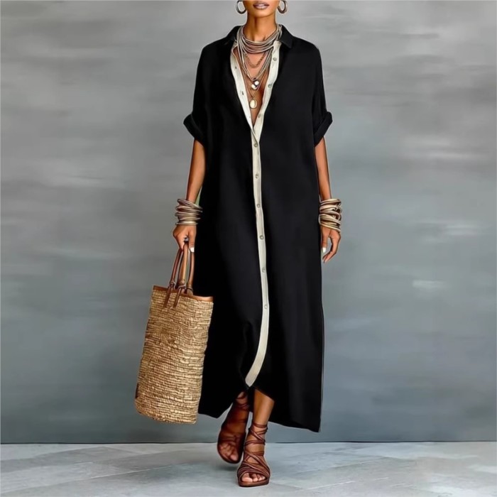 ✨Turn-Down Collar Button Patchwork Solid Shirt Maxi Dress🤍