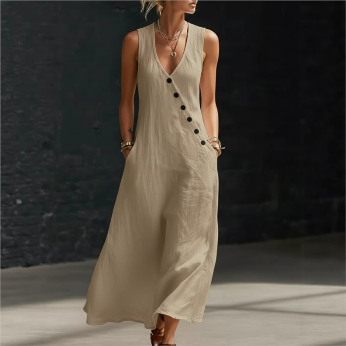✨Sleeveless V-Neck Button Patchwork Solid Maxi Dress🤍