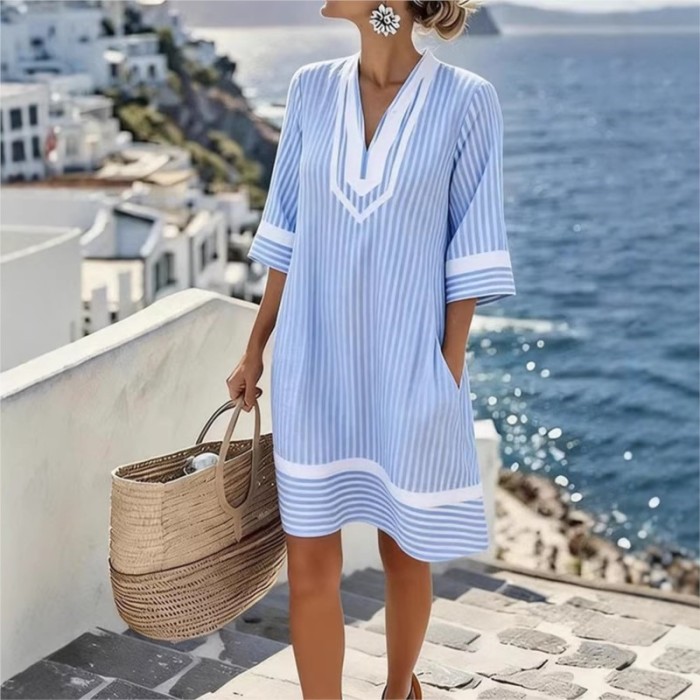 ✨Blue Striped V-Neck Half Sleeve Loose Beach Dress🌊