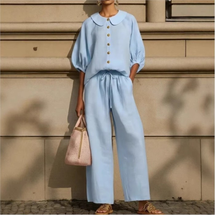 ✨ Doll Collar Half Sleeve Top & Lace-Up Straight Trousers 2 Piece Set ✨