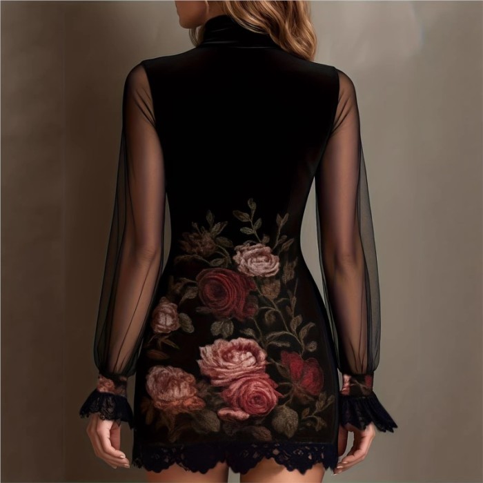 ✨Velvet Floral Lace Splicing Mesh Hip Mini Dress🌹