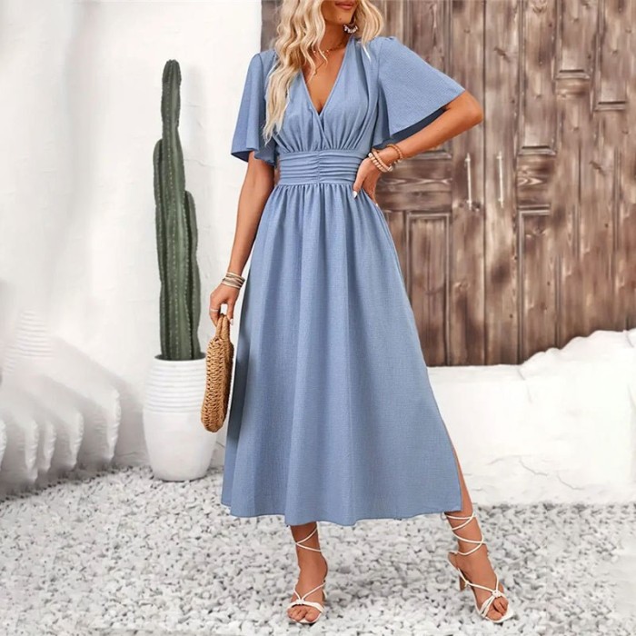 ✨Daily Dating High Street V-Neck Pleated Solid Ruffle Midi Dress🌿